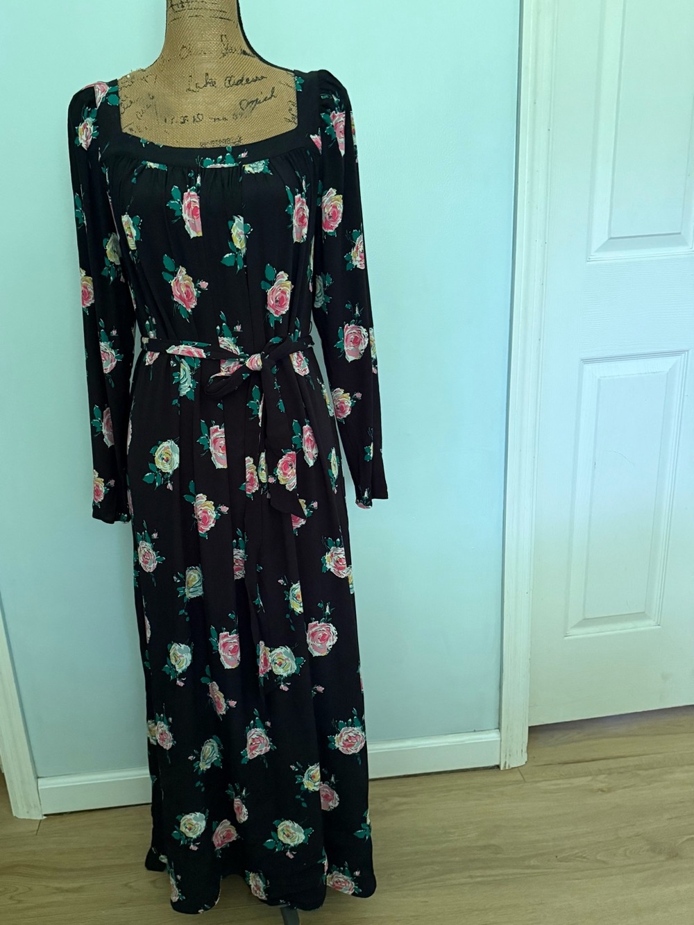 Boden Black Floral Maxi Dress with Pink Rose Print size 8